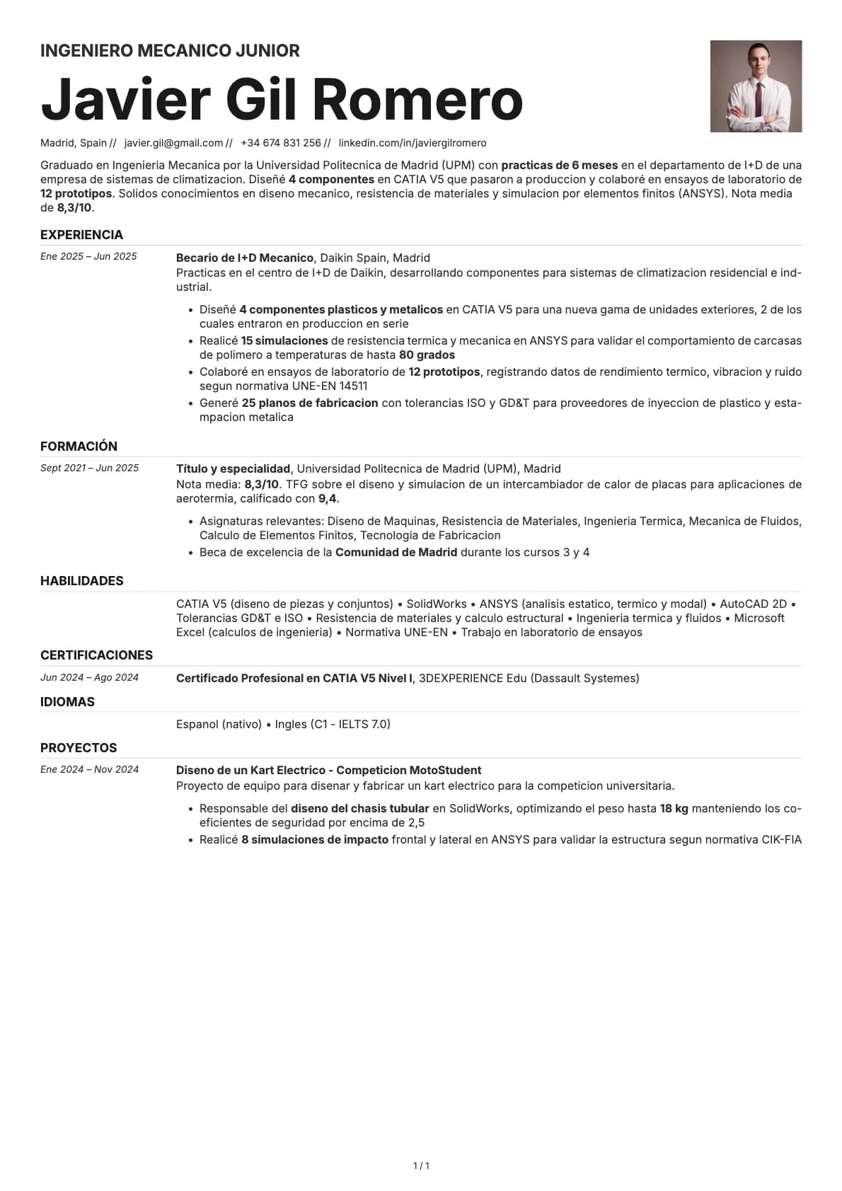Ingeniero Mecánico Junior resume example
