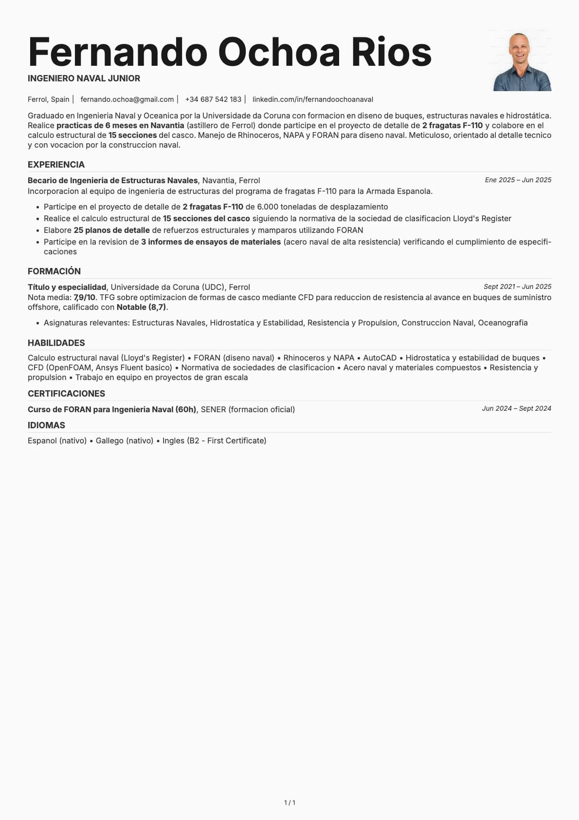 Ingeniero Naval Junior resume example