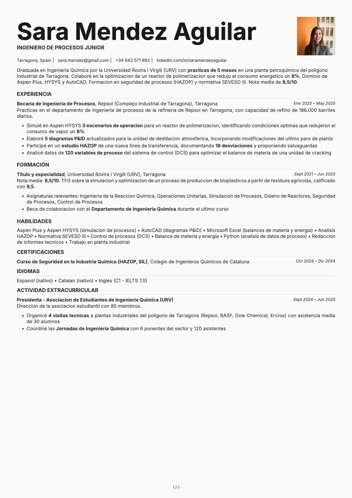 Ingeniero de Procesos Junior resume example