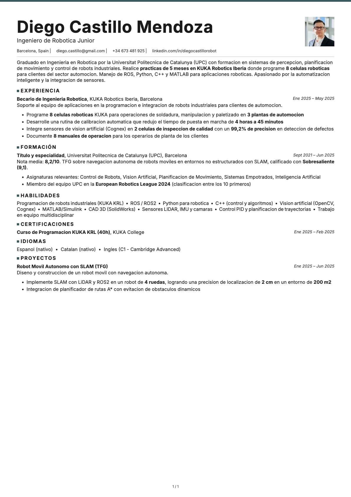 Ingeniero de Robotica Junior resume example