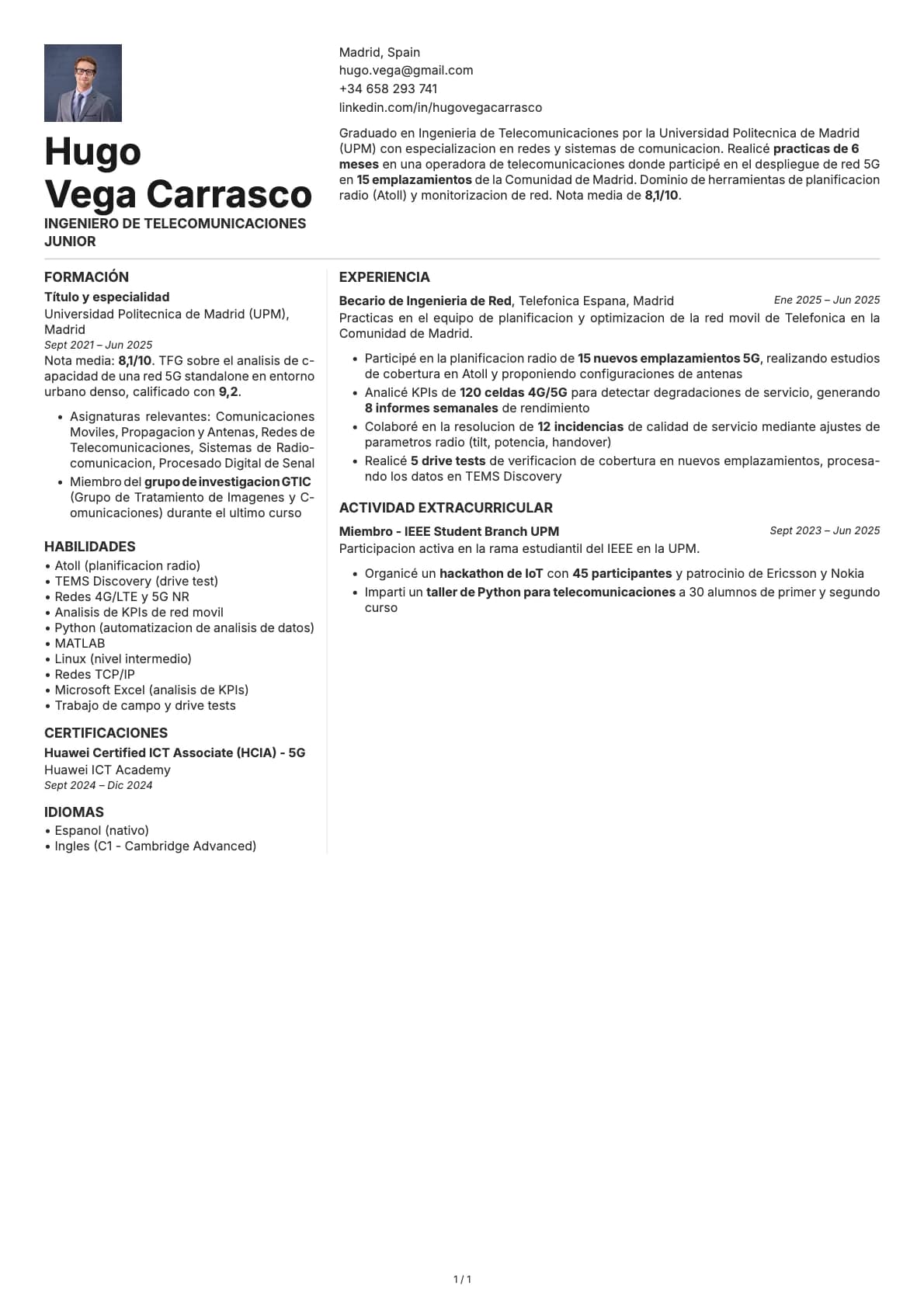Ingeniero de Telecomunicaciones Junior resume example