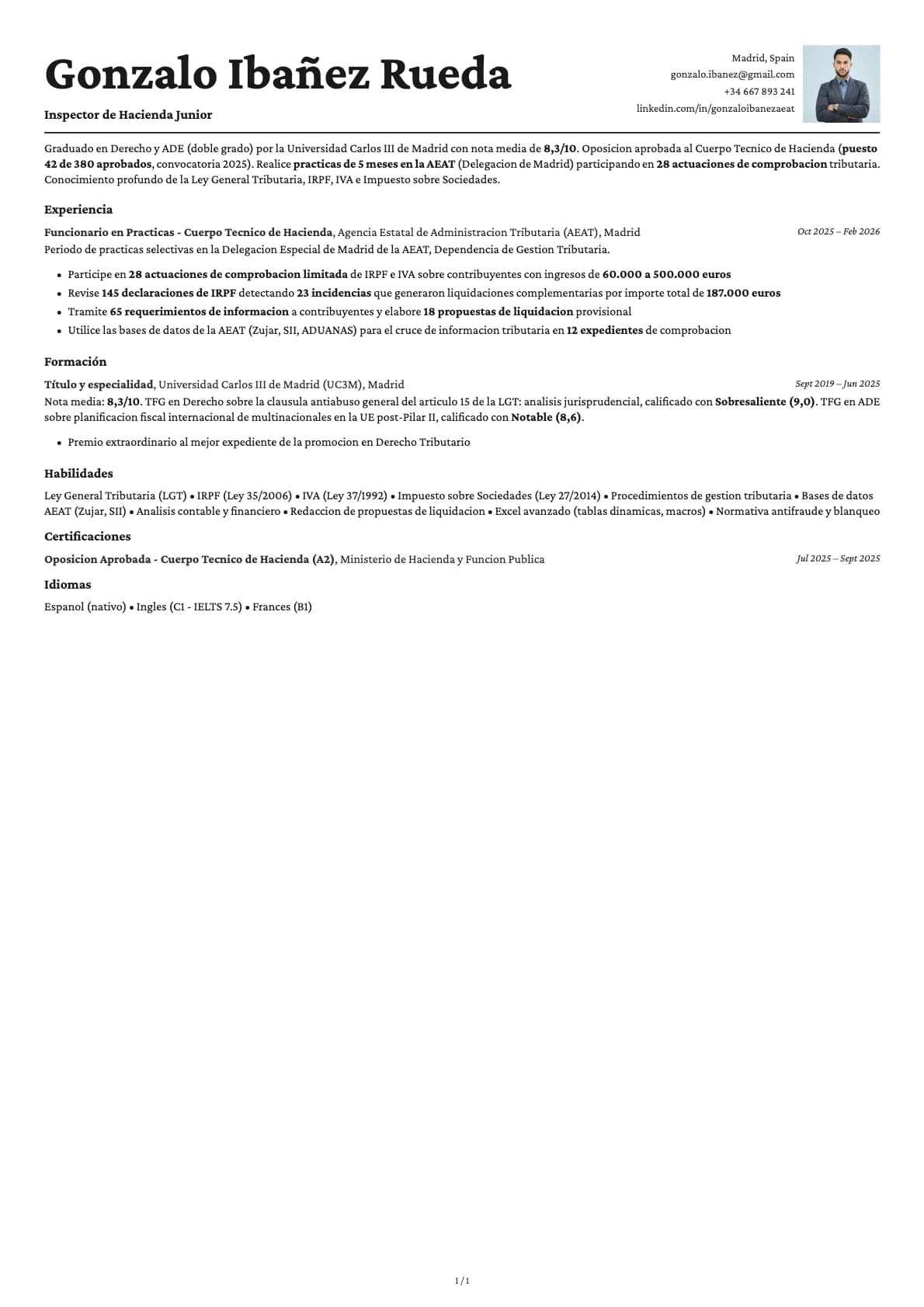 Inspector de Hacienda Junior resume example