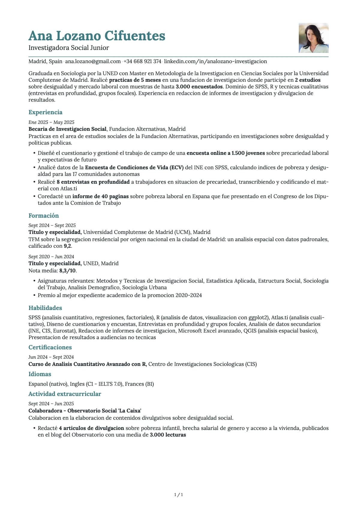 Investigador Social Junior resume example