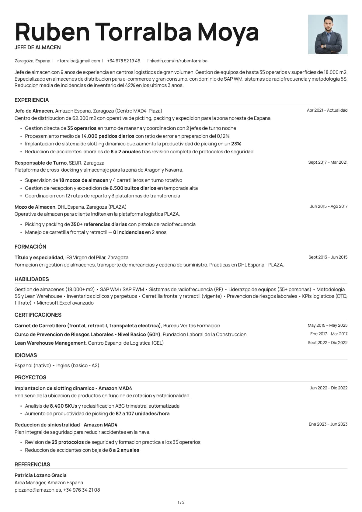 Jefe de Almacén resume example