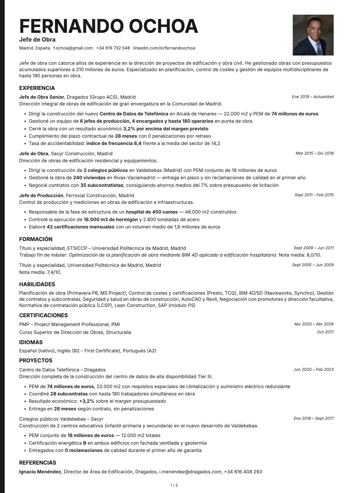 Jefe de Obra resume example