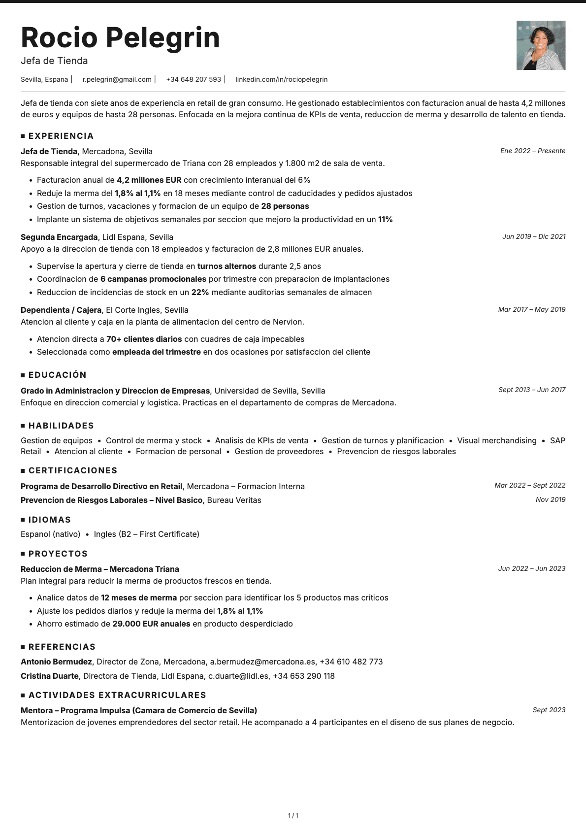 Jefe de Tienda resume example