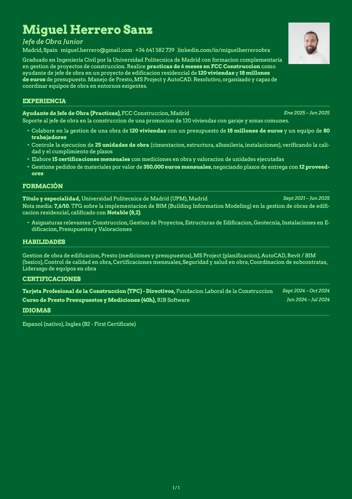 Jefe de Obra Junior resume example