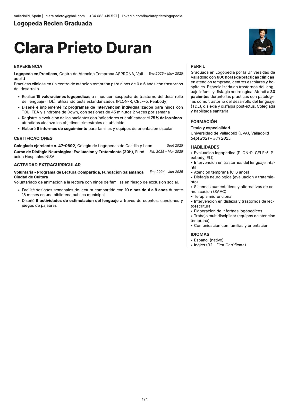 Logopeda Recién Graduado resume example