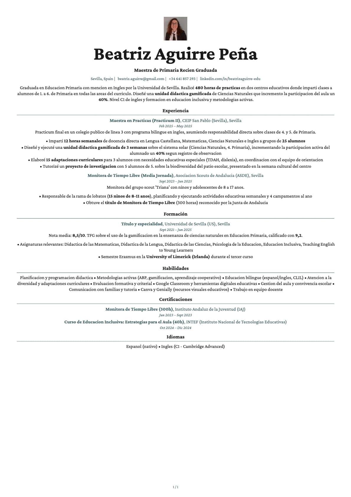 Maestro de Primaria Recién Graduado resume example