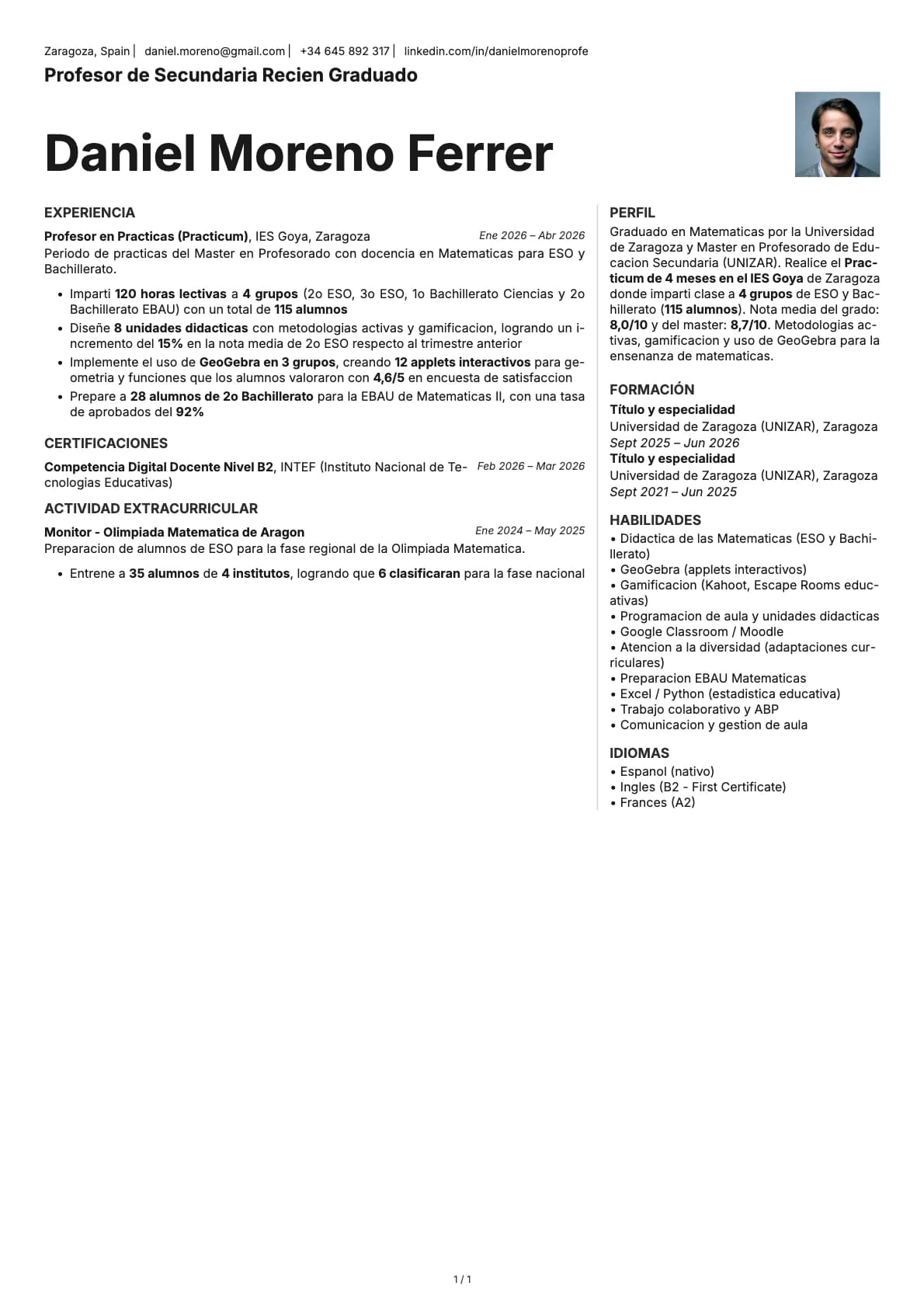 Profesor de Secundaria Recien Graduado resume example