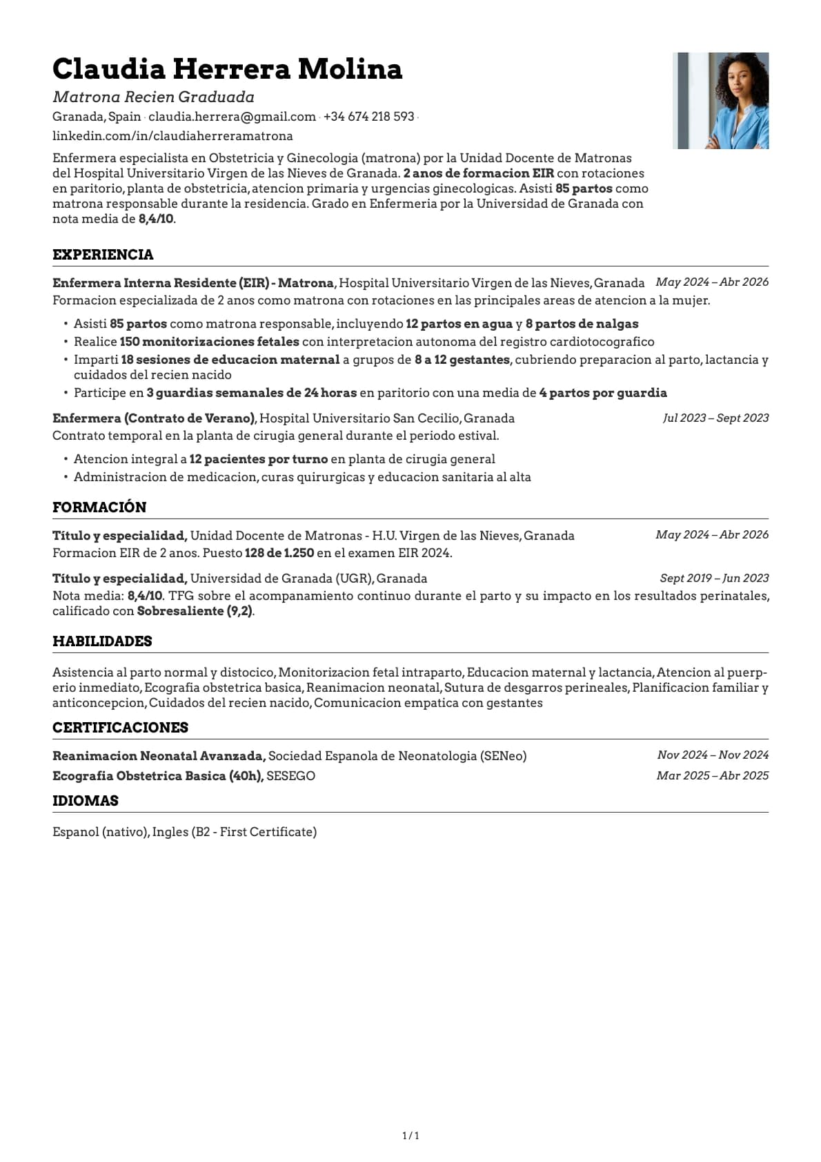 Matrona Recien Graduada resume example