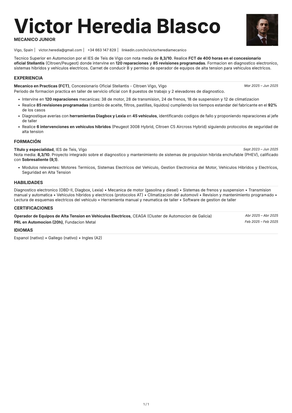 Mecanico Junior resume example