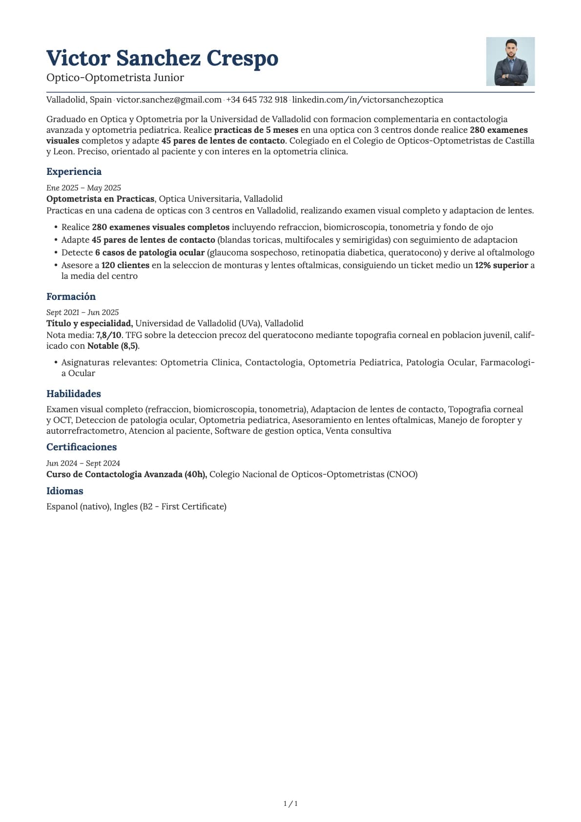 Optico-Optometrista Junior resume example