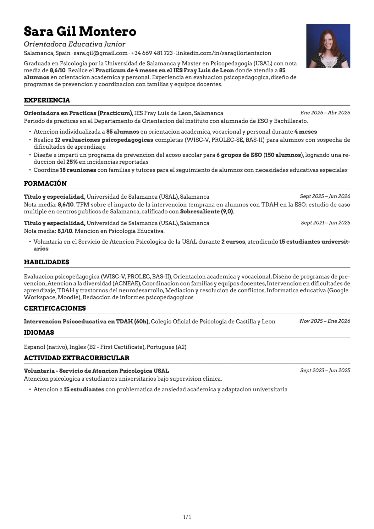 Orientadora Educativa Junior resume example