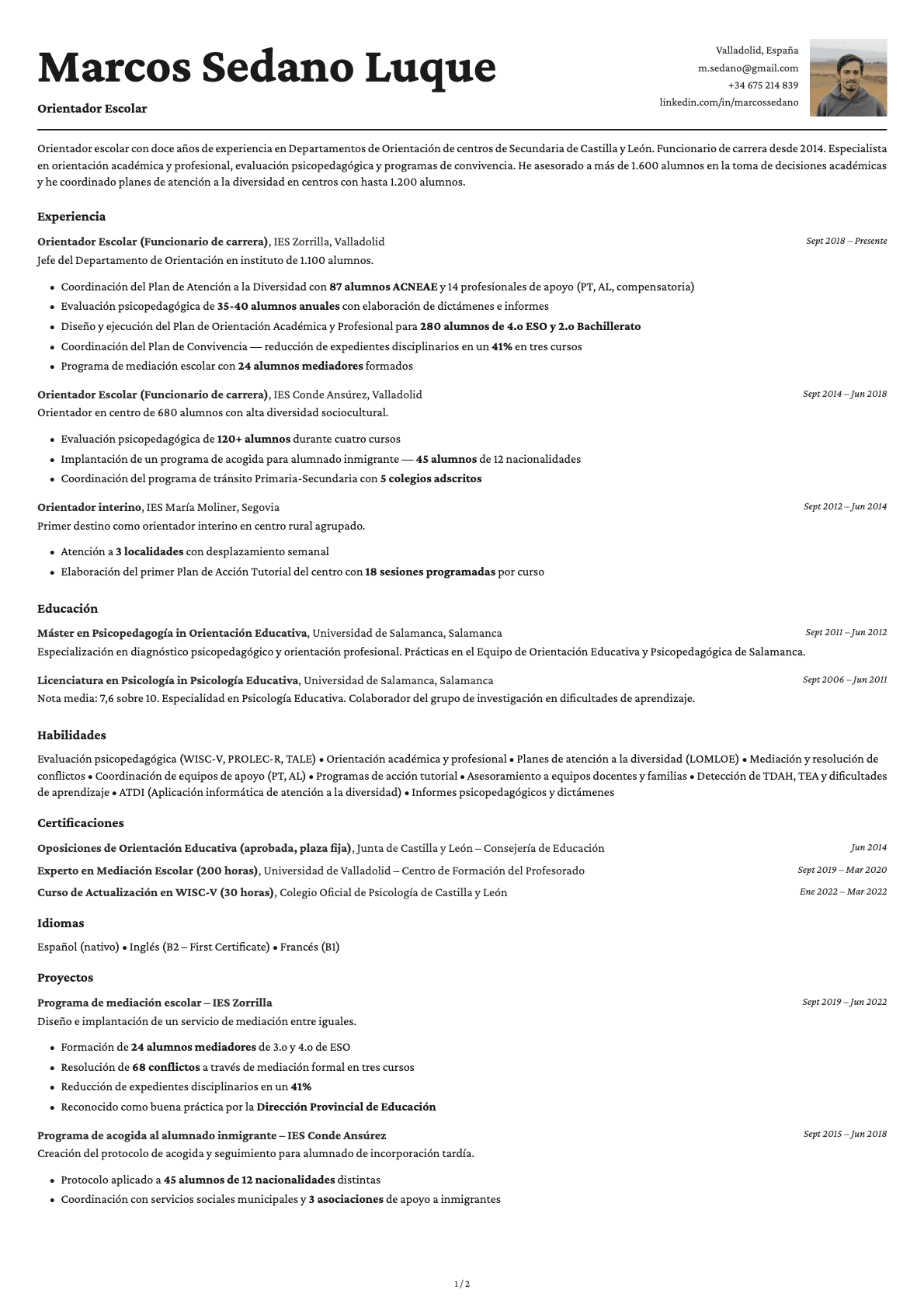Orientador Escolar resume example