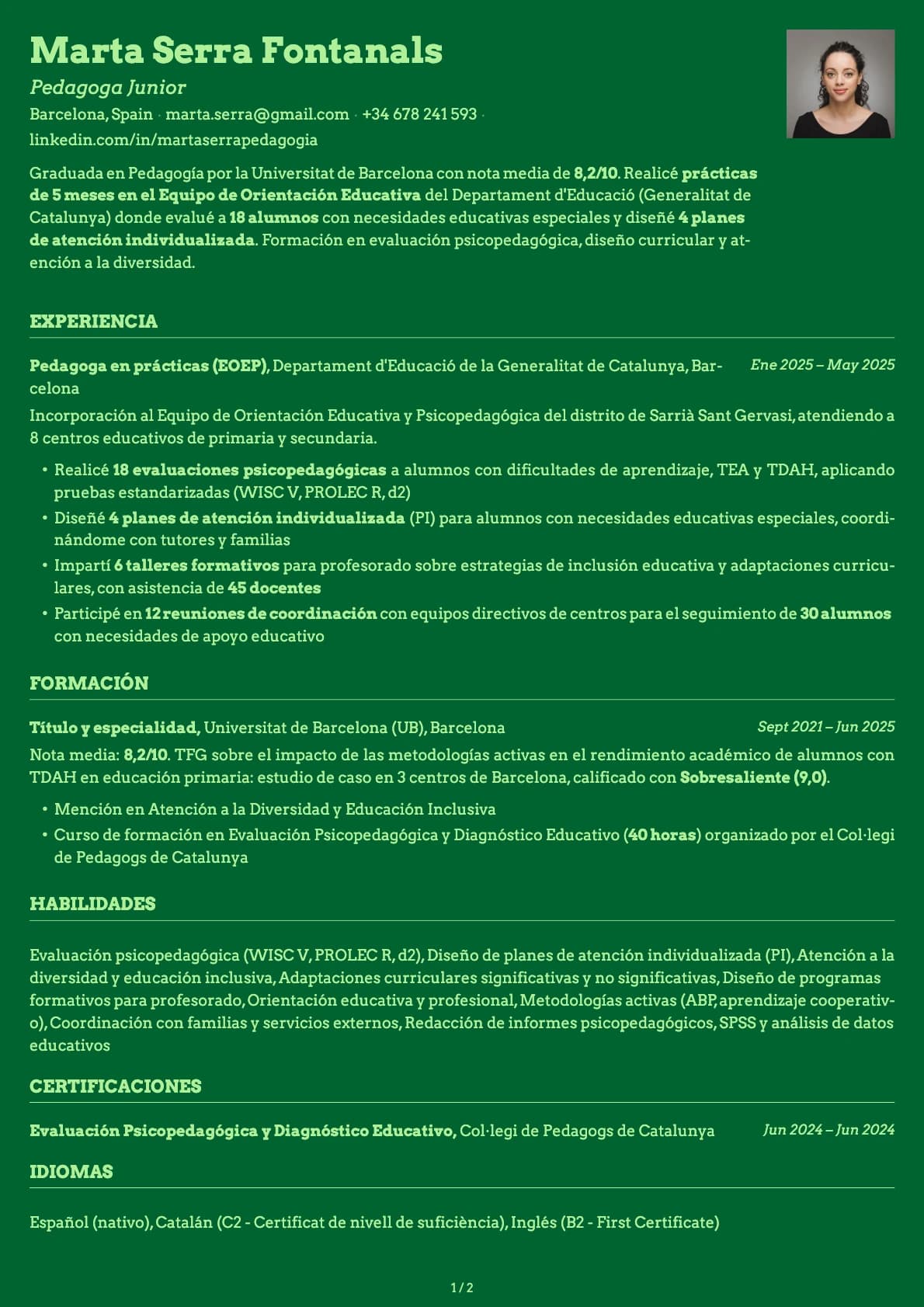 Pedagogo Junior resume example