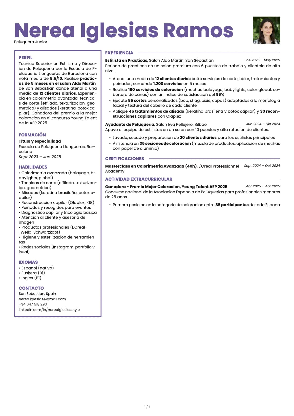 Peluquera Junior resume example