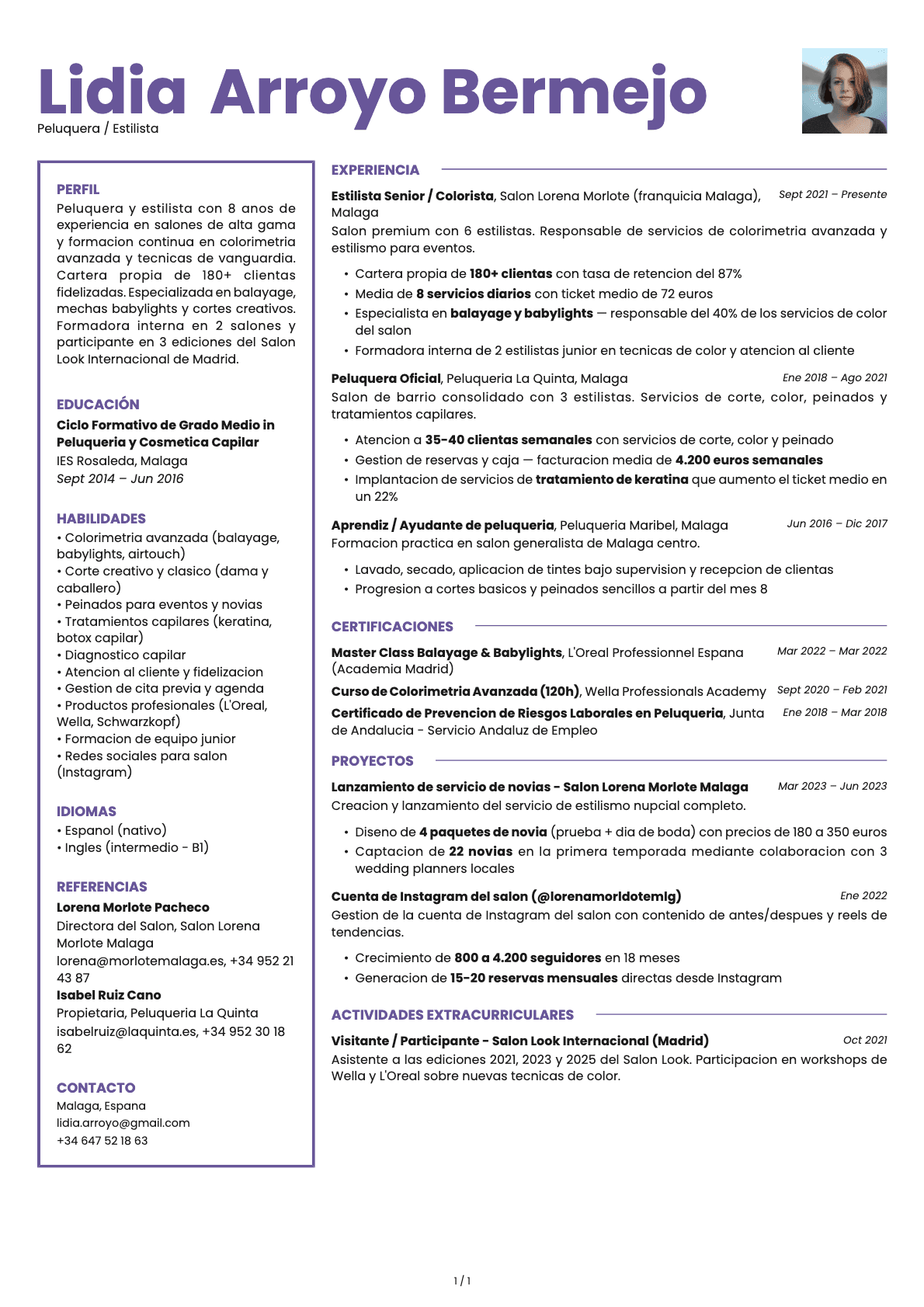Peluquero/a resume example