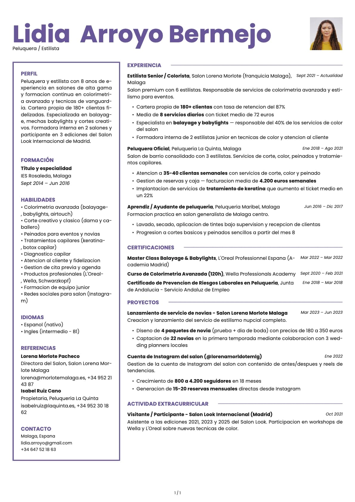 Peluquero/a resume example