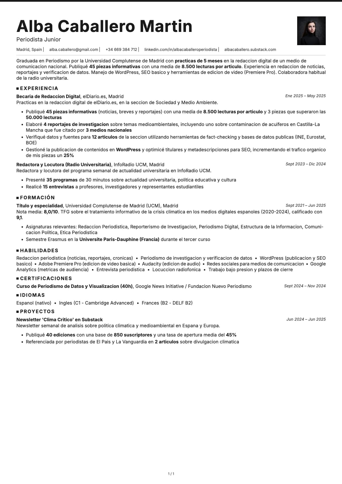 Periodista Junior resume example