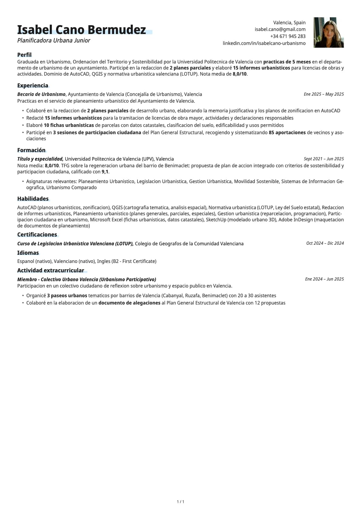 Planificador Urbano Junior resume example