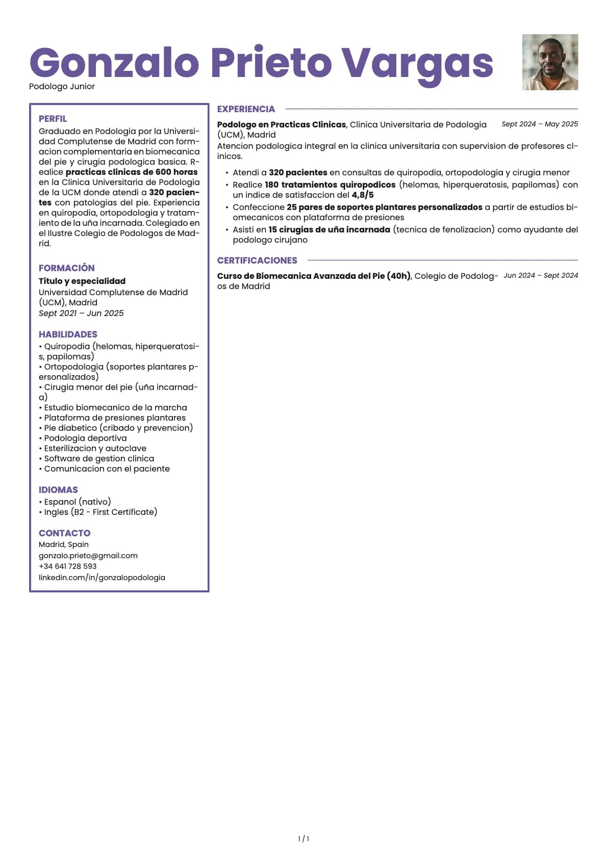 Podologo Junior resume example