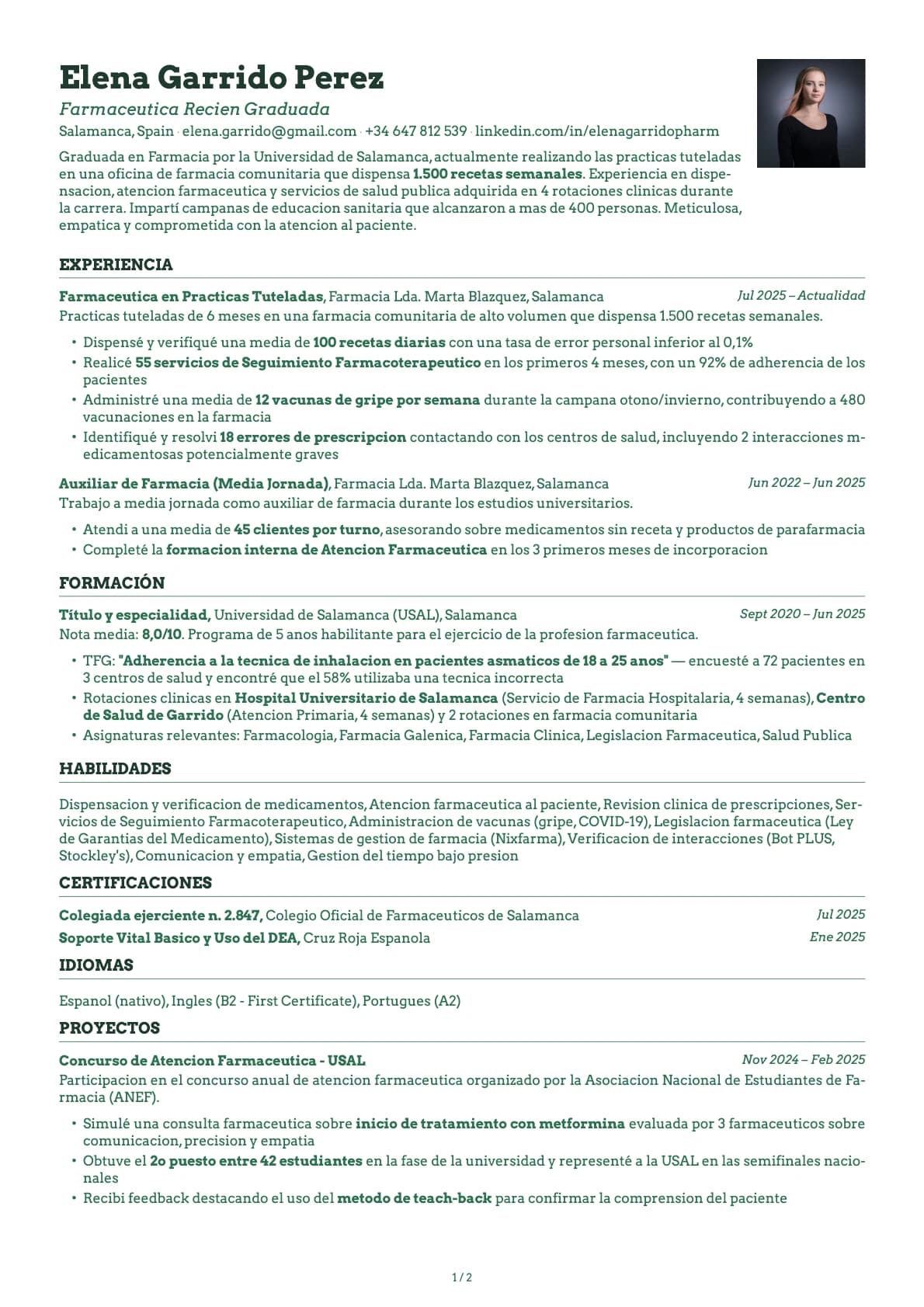 Practicante de Farmacia resume example