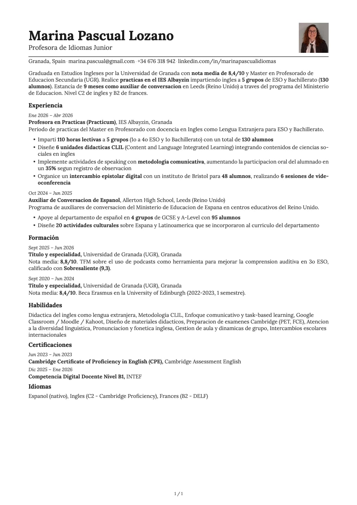 Profesora de Idiomas Junior resume example