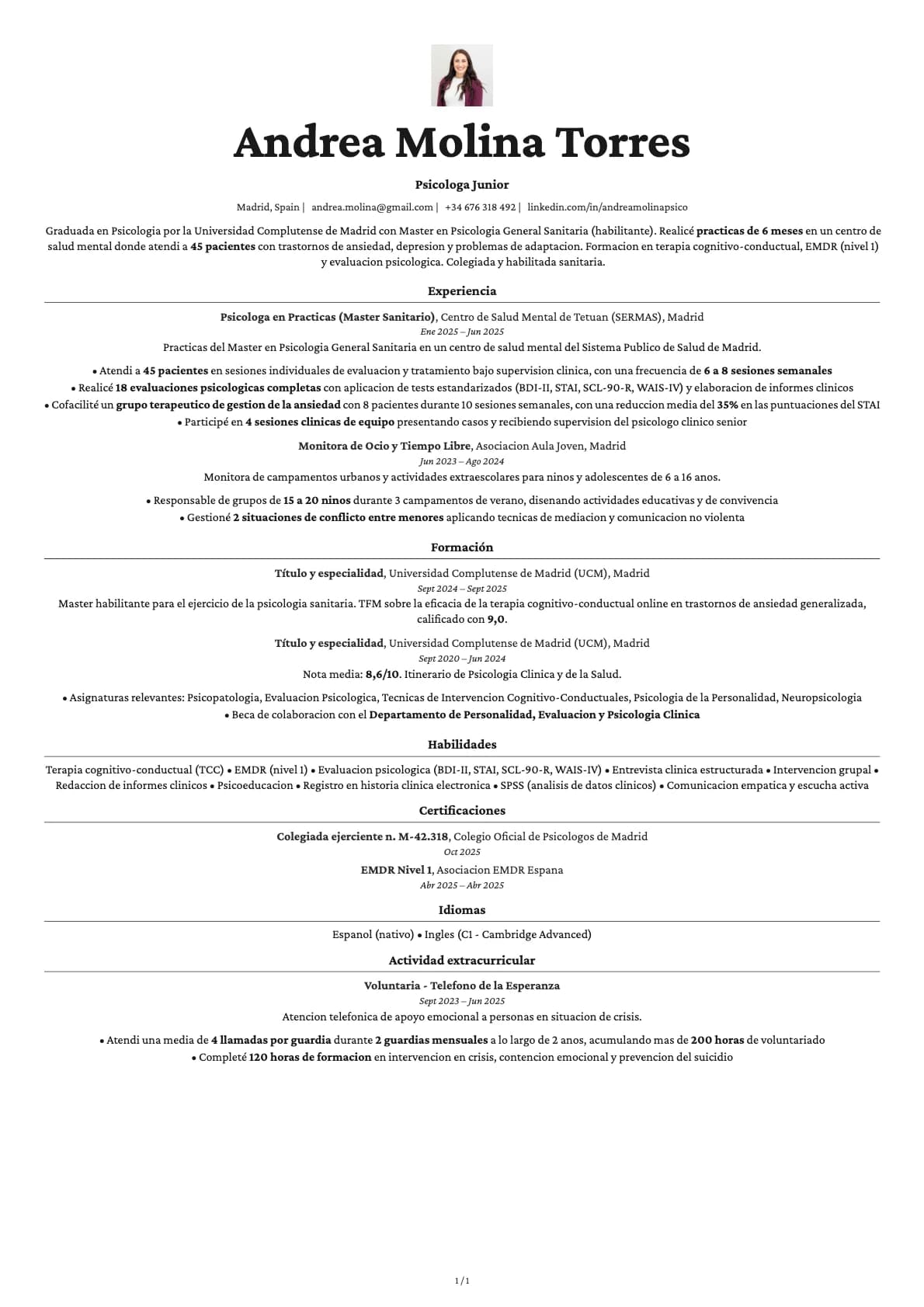 Psicólogo Junior resume example