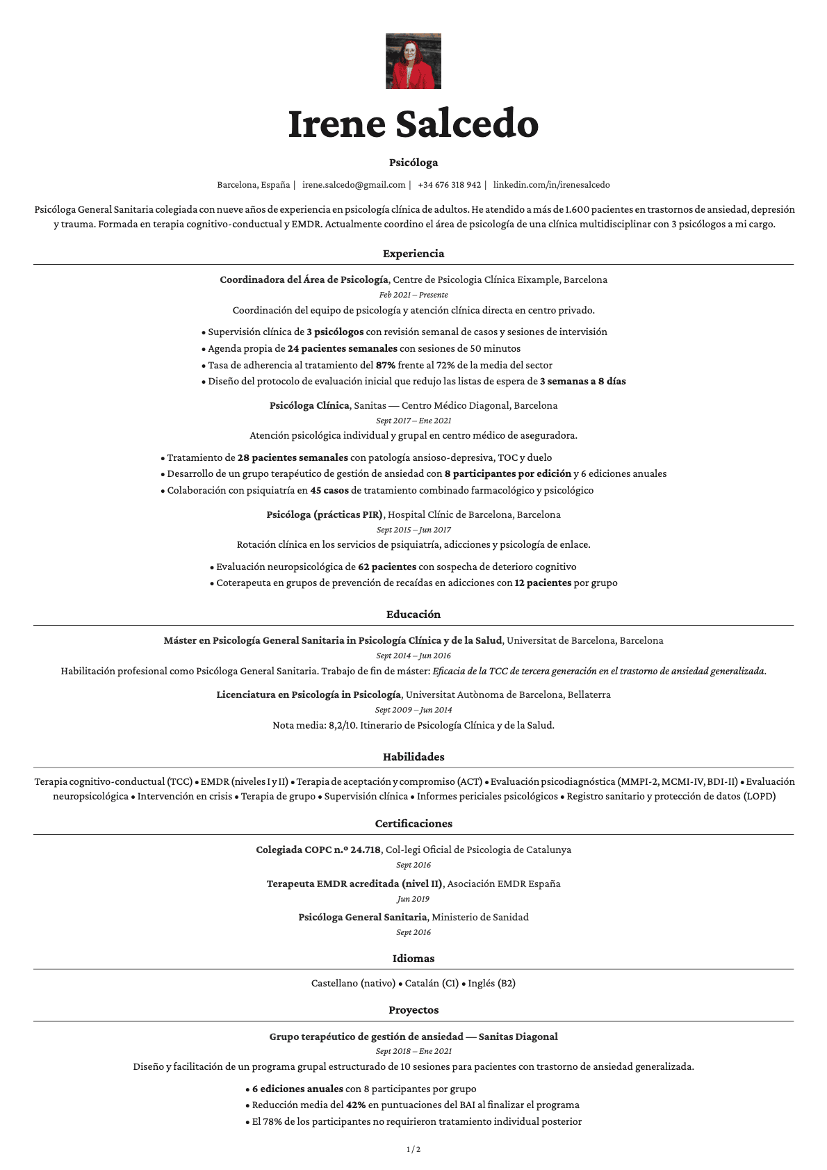 Psicólogo resume example