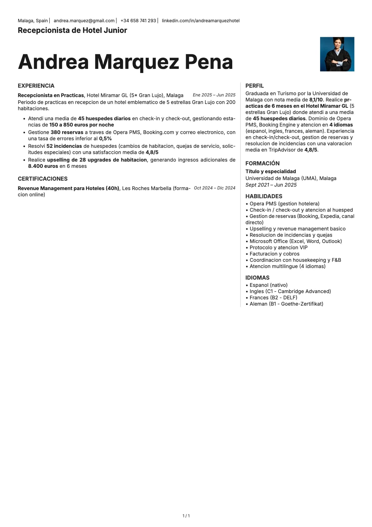 Recepcionista de Hotel Junior resume example