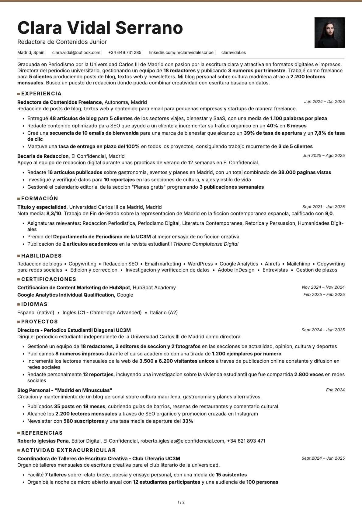 Redactor/a de Contenidos Junior resume example