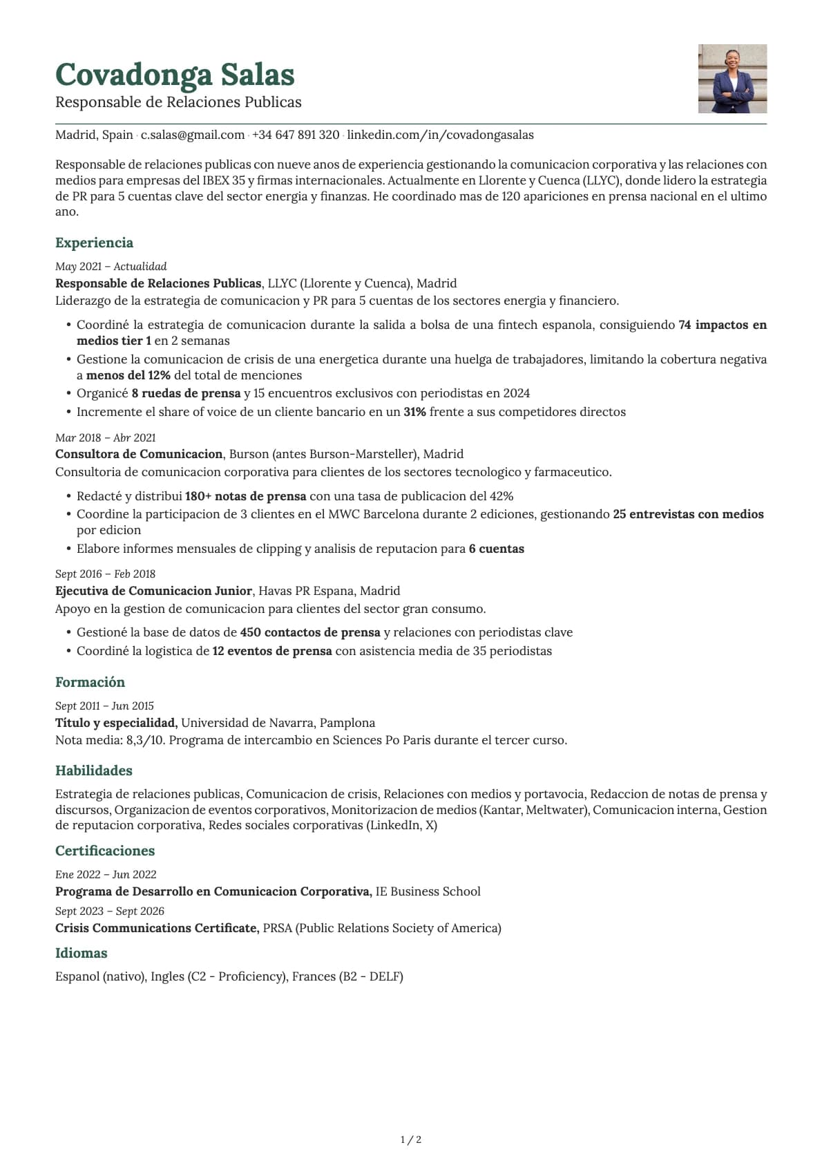 Responsable de Relaciones Públicas resume example