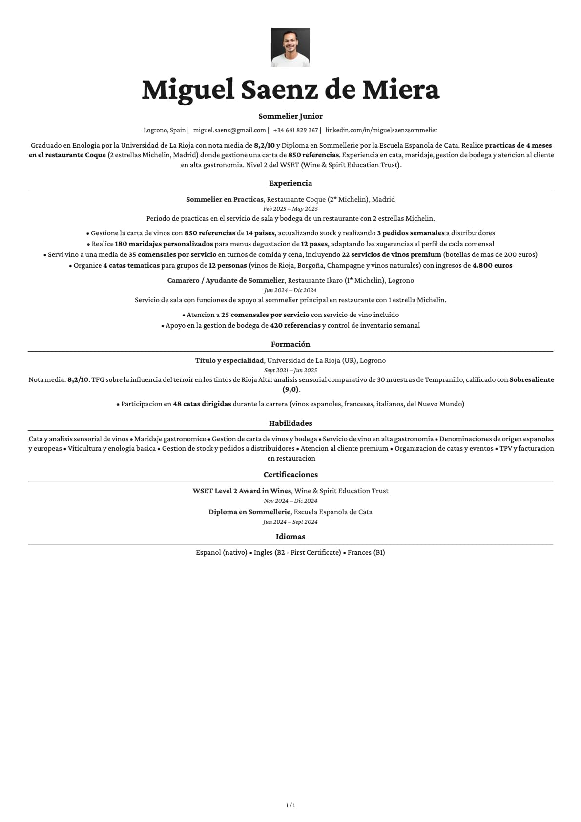 Sommelier Junior resume example