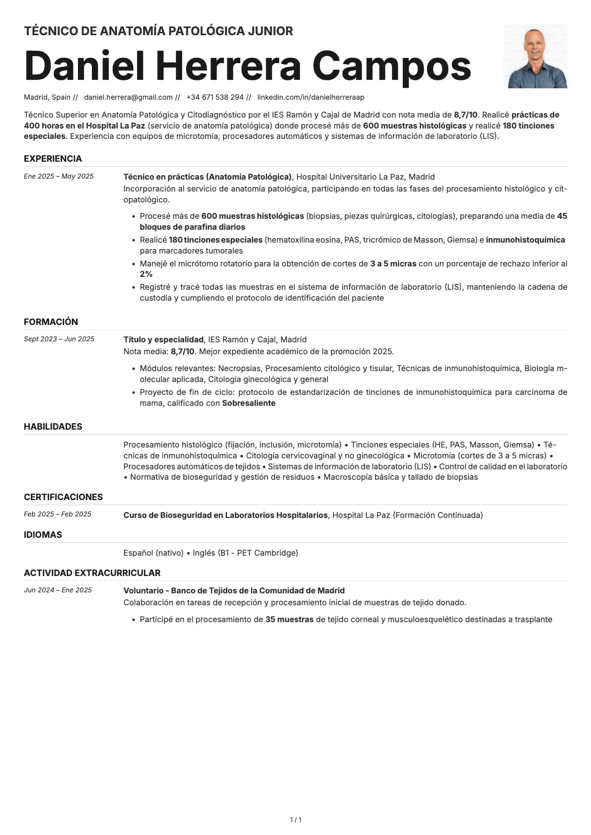 Técnico de Anatomía Patológica Junior resume example