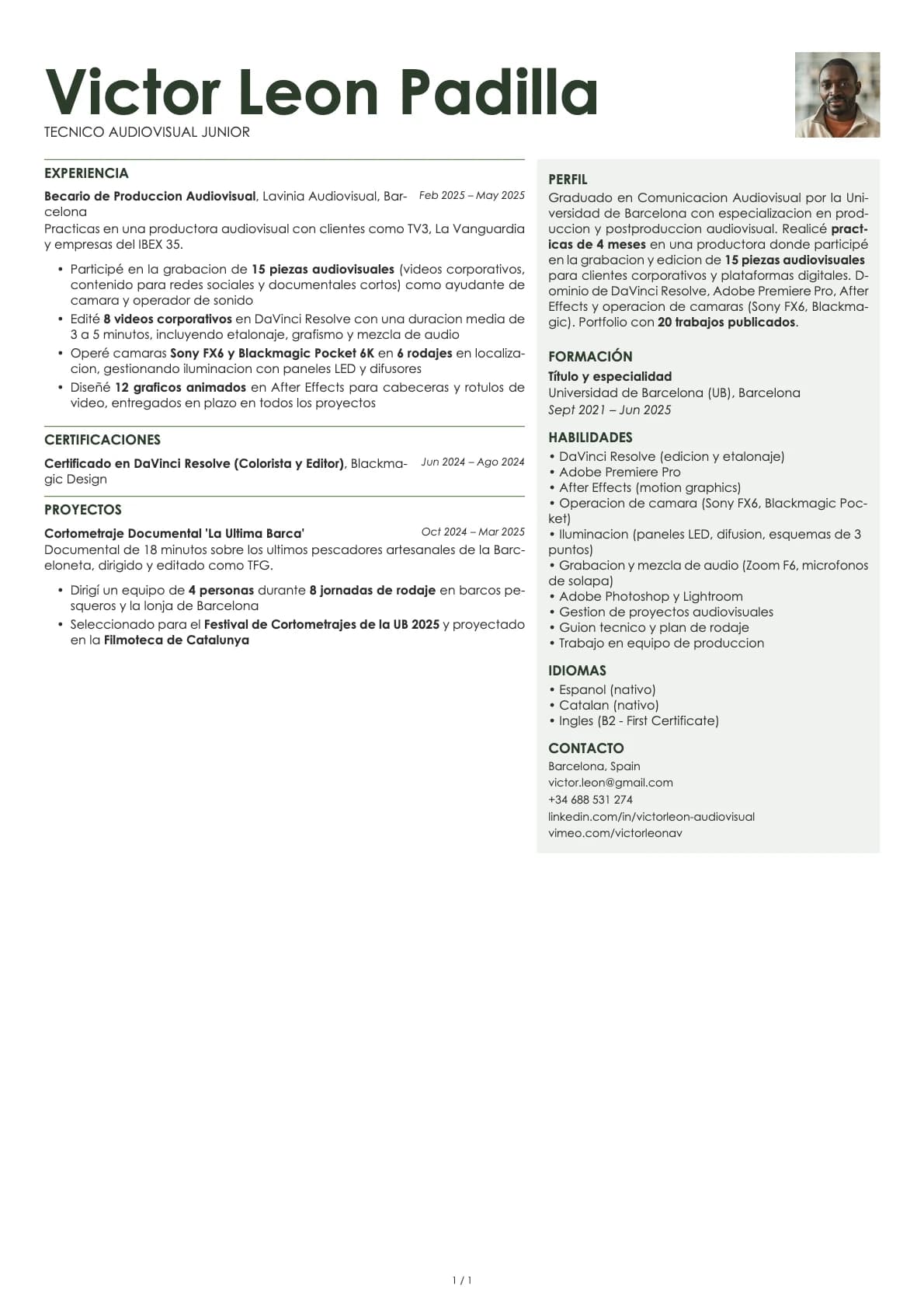 Técnico Audiovisual Junior resume example