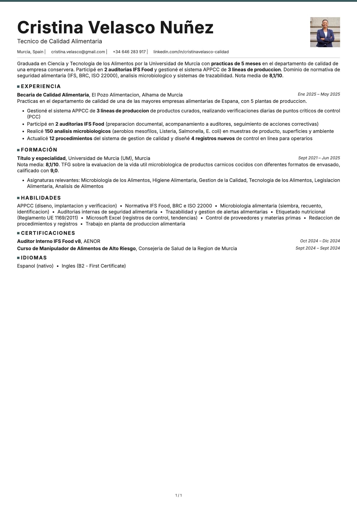 Técnico de Calidad Alimentaria resume example