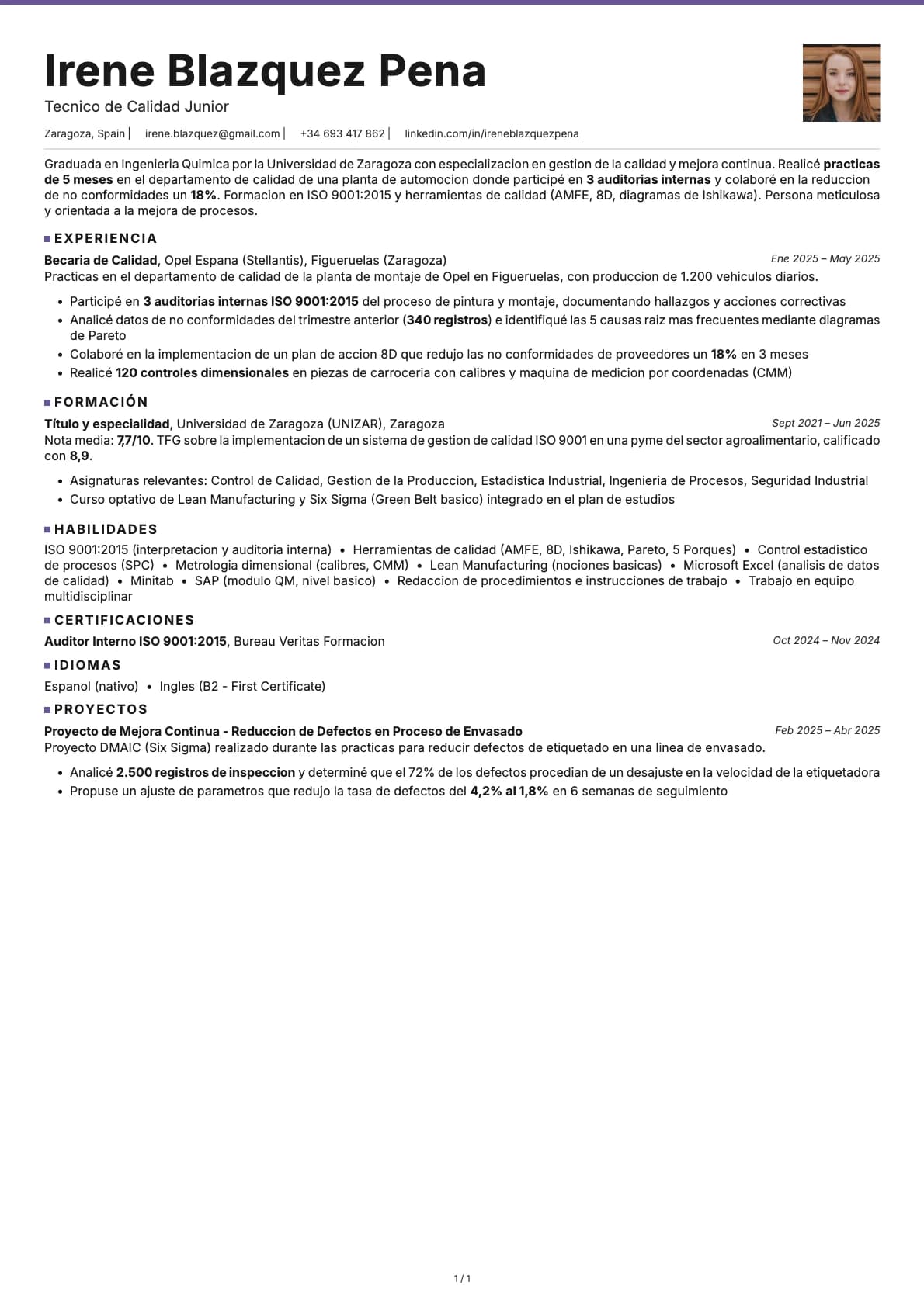 Técnico de Calidad Junior resume example