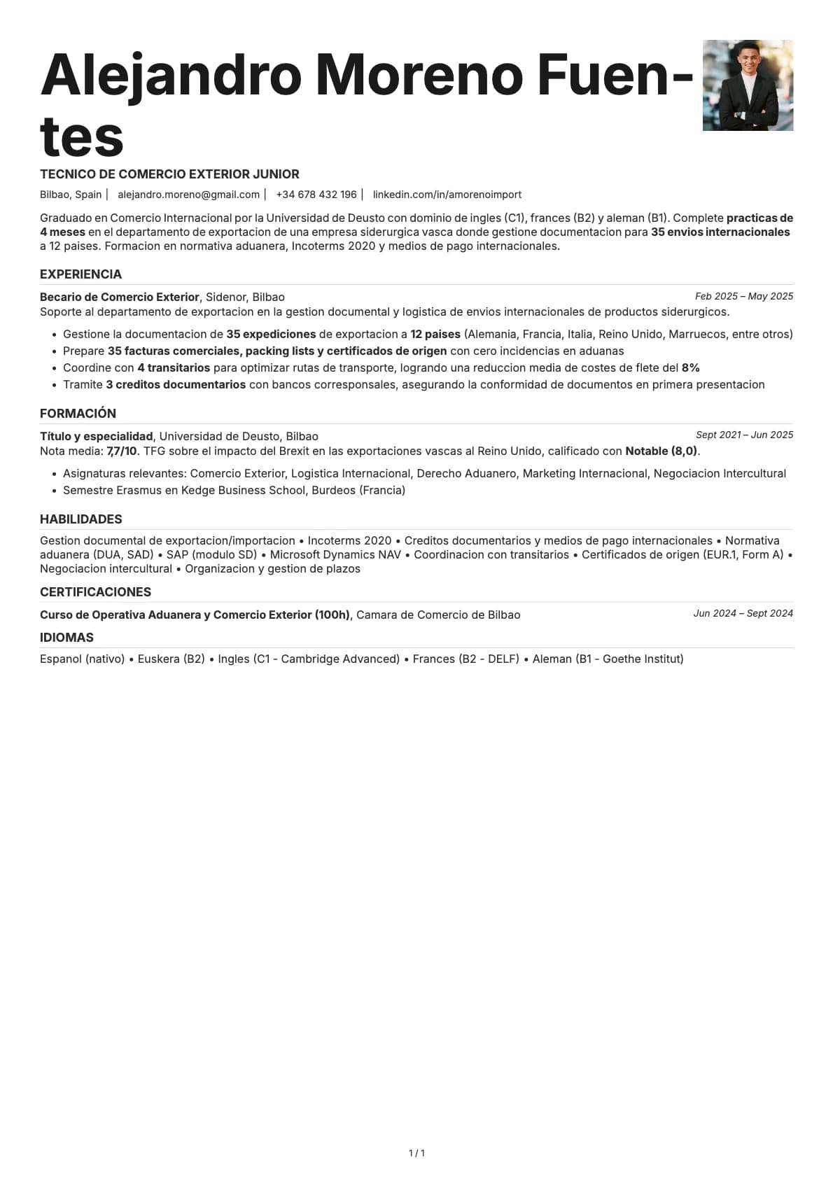 Tecnico de Comercio Exterior Junior resume example