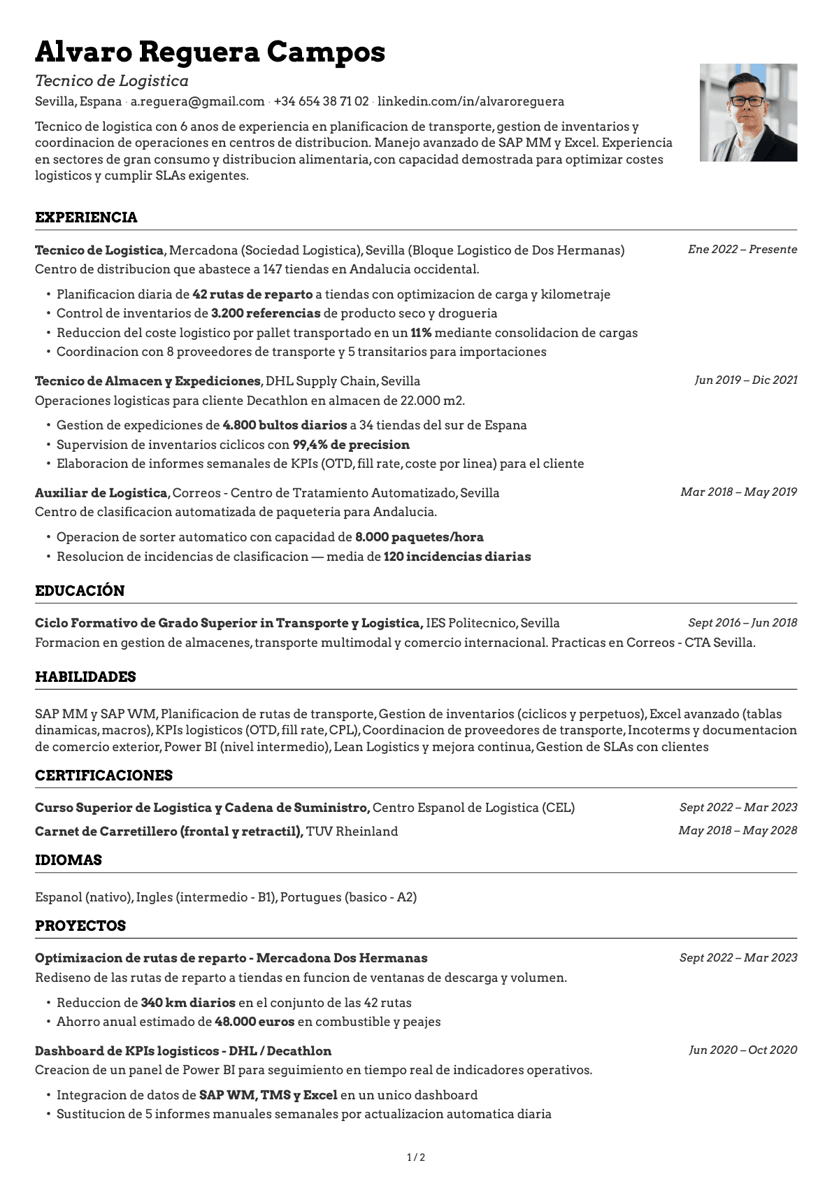 Técnico de Logística resume example
