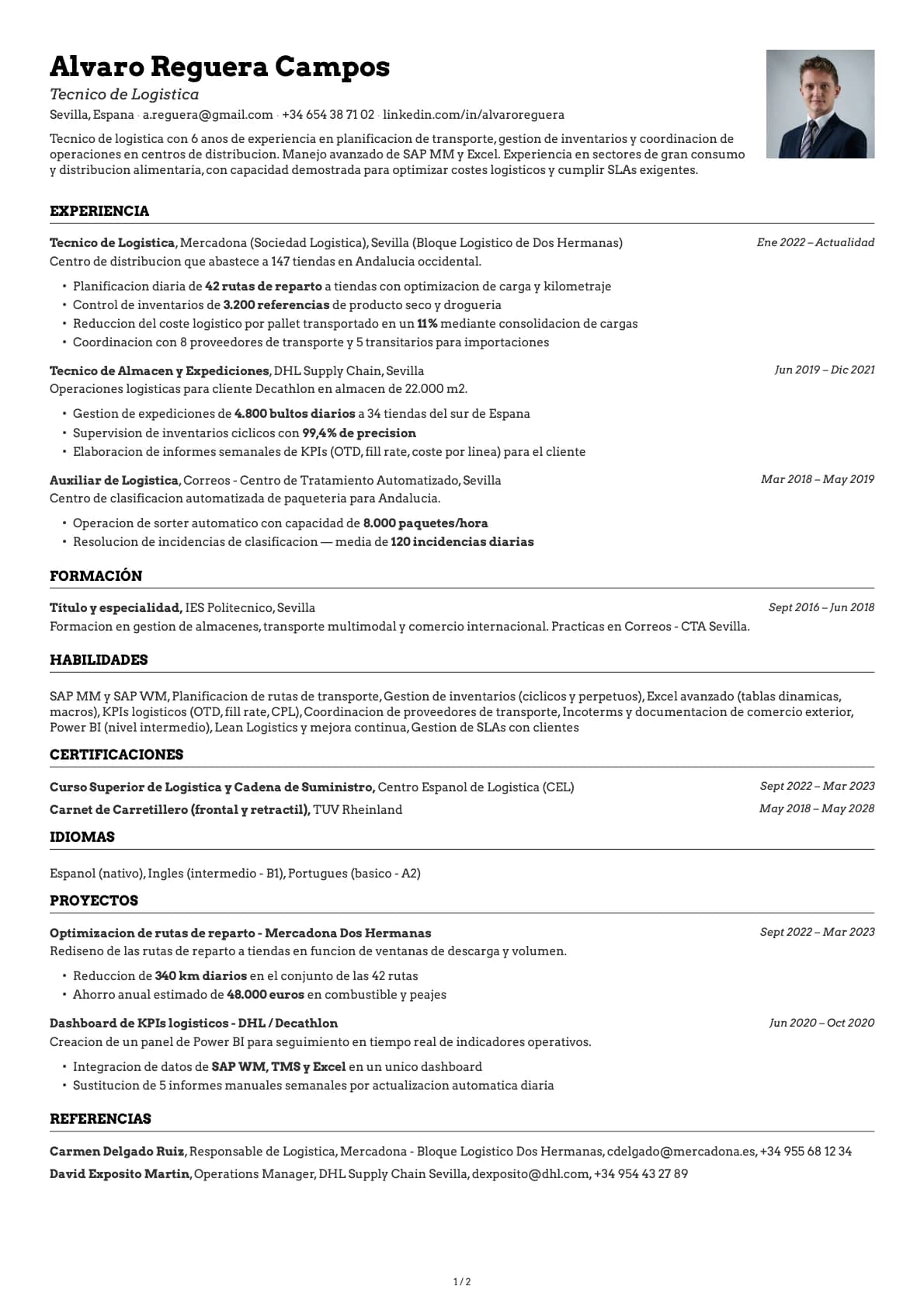 Técnico de Logística resume example