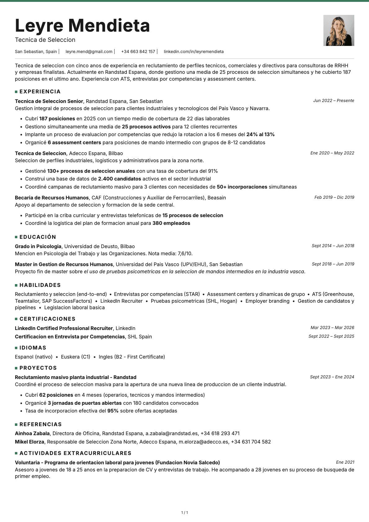 Técnico de Selección resume example