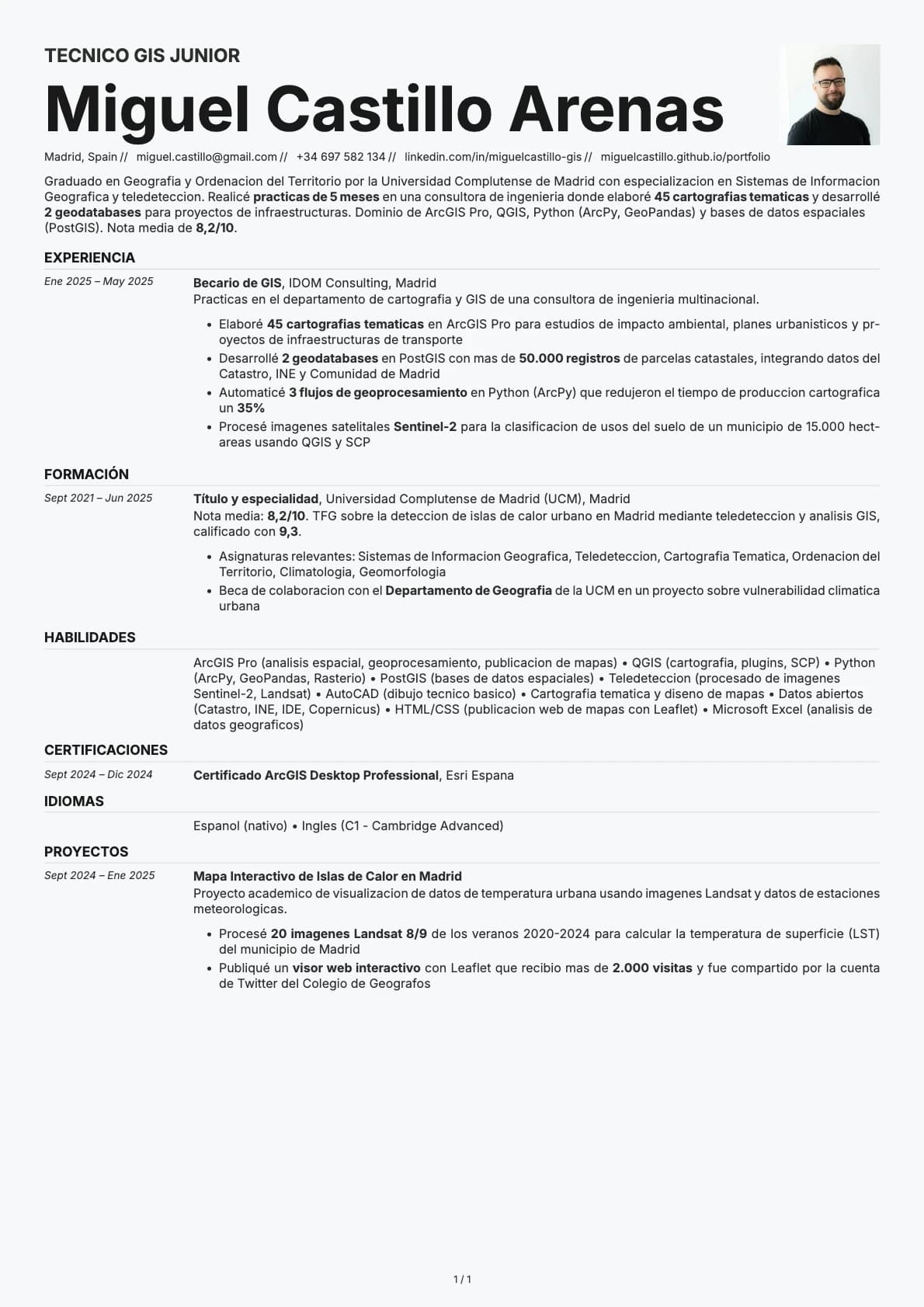 Técnico GIS Junior resume example