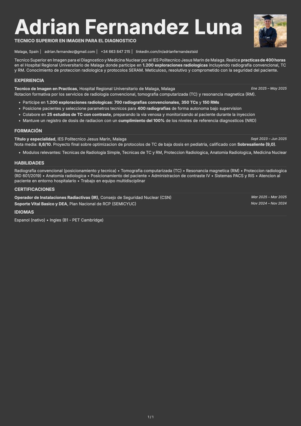 Tecnico de Imagen Diagnostica resume example