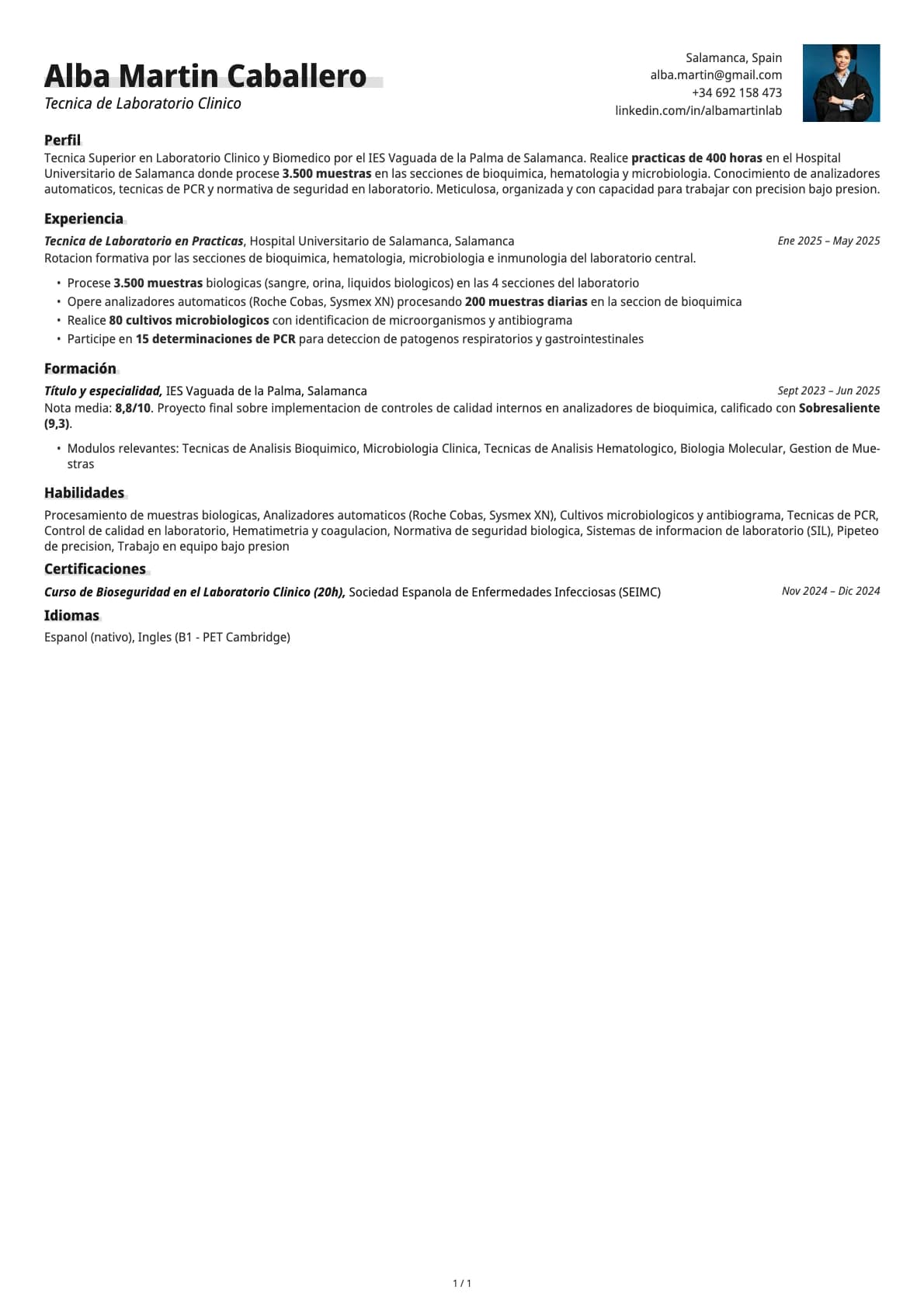 Tecnica de Laboratorio Clinico resume example