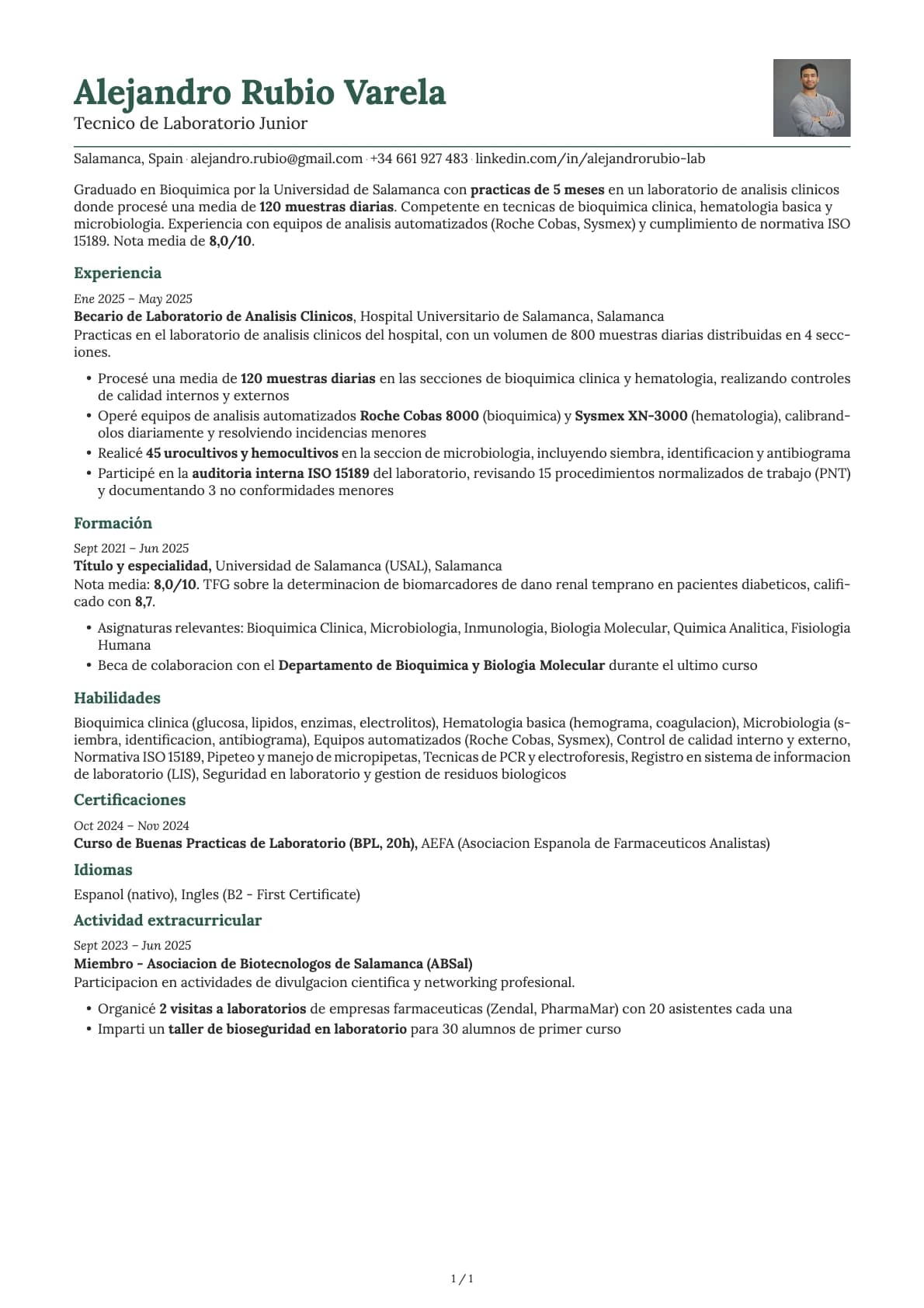 Técnico de Laboratorio Junior resume example