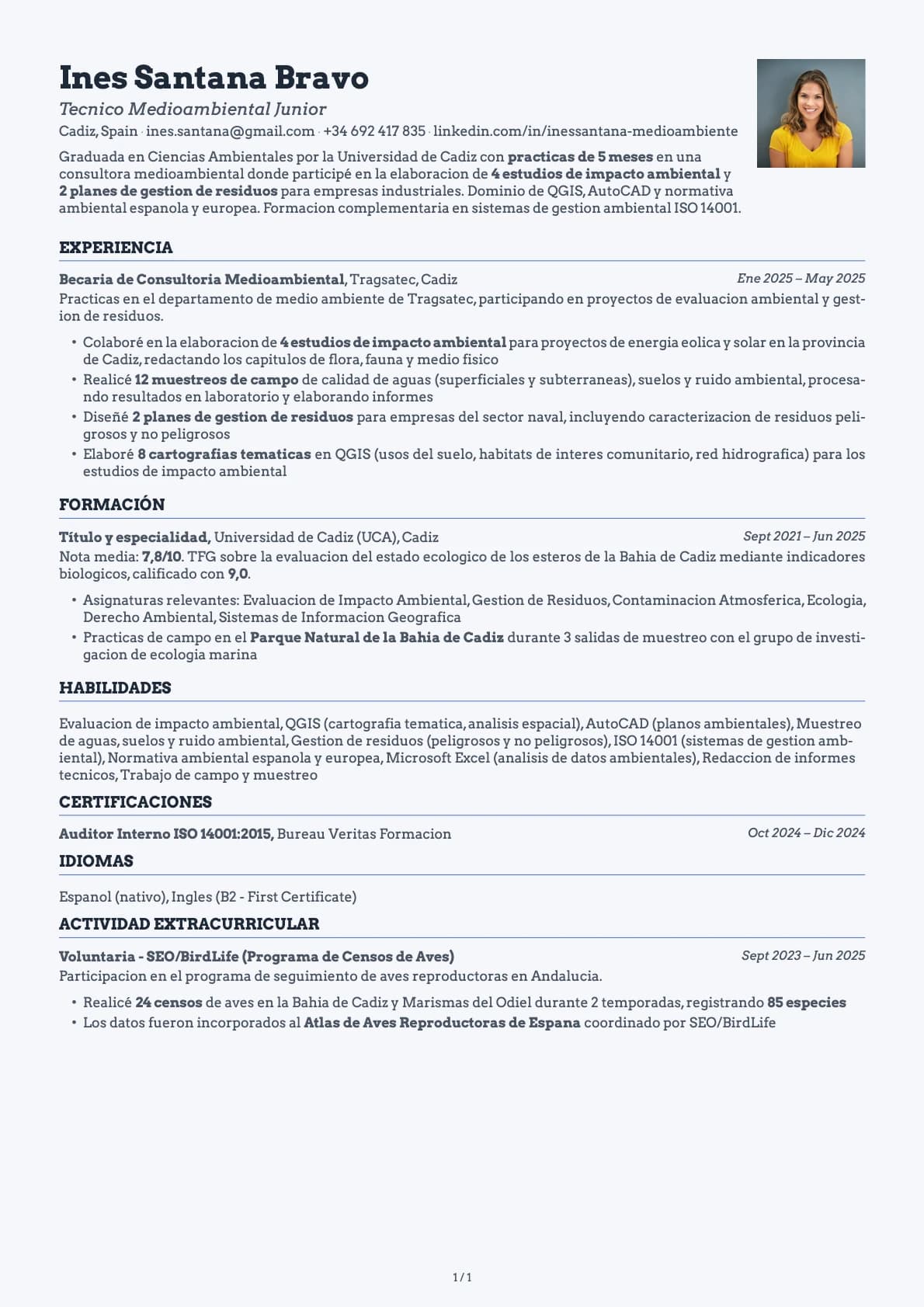 Técnico Medioambiental Junior resume example