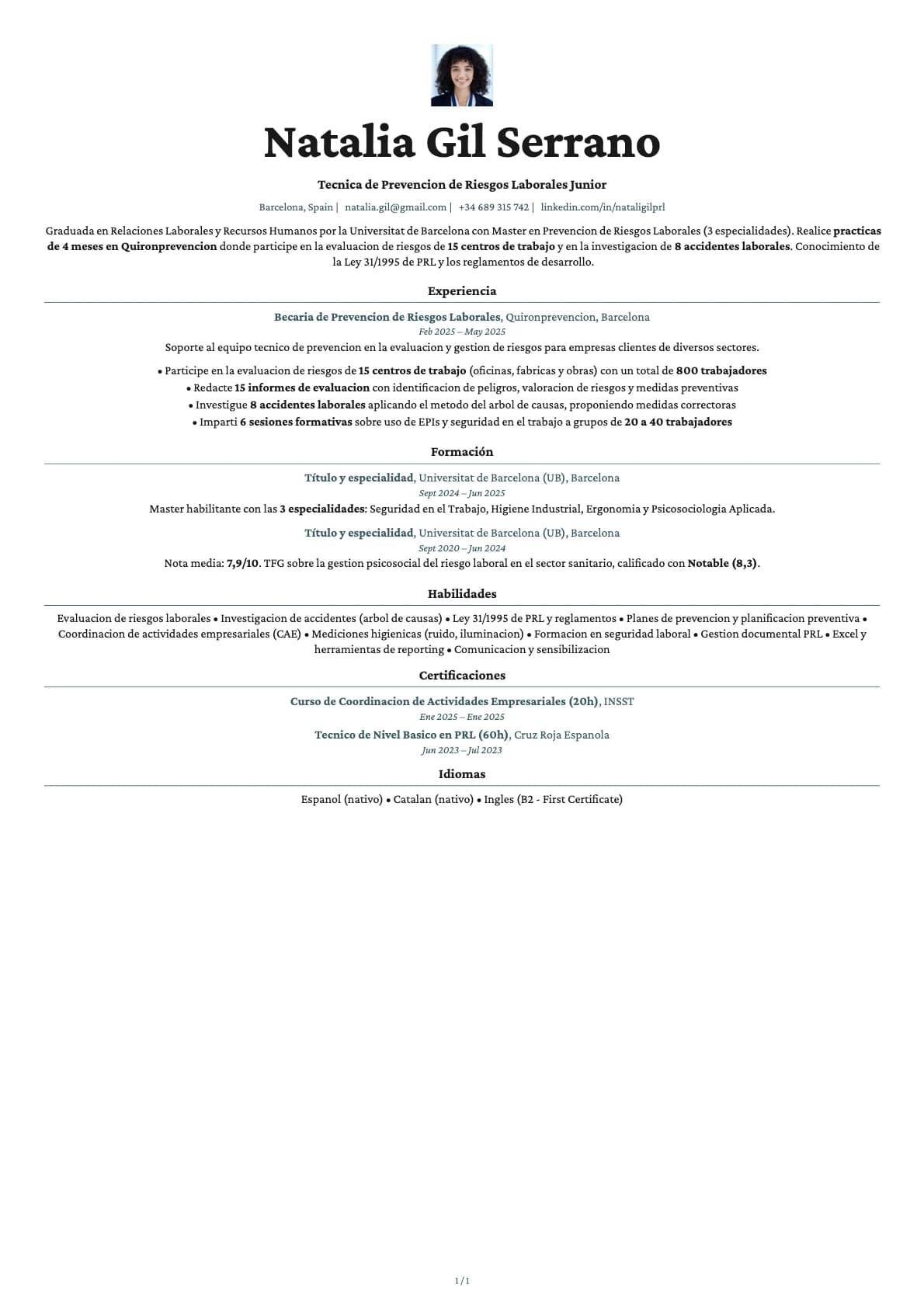 Tecnica de Prevencion de Riesgos Laborales Junior resume example