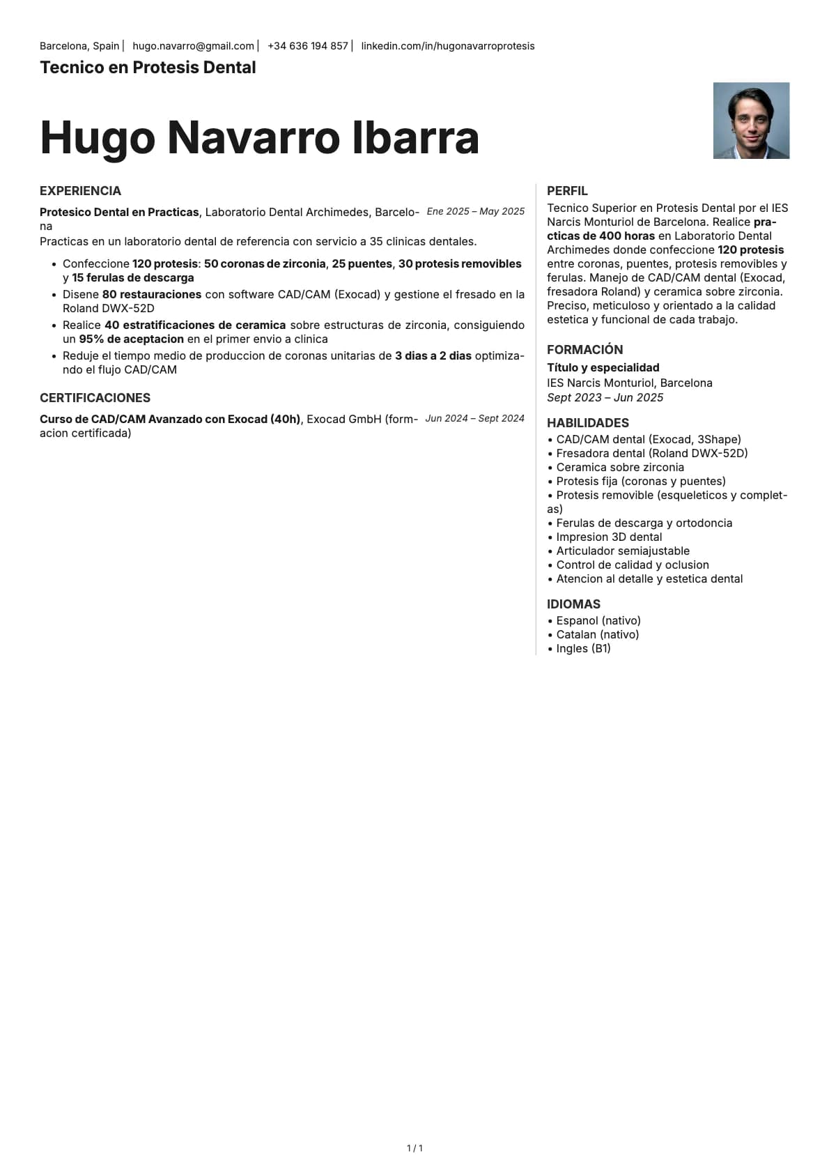 Tecnico en Protesis Dental resume example