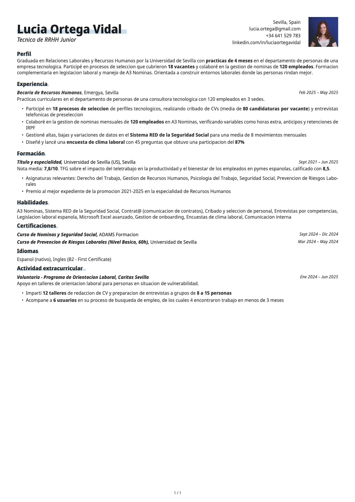 Técnico de RRHH Junior resume example